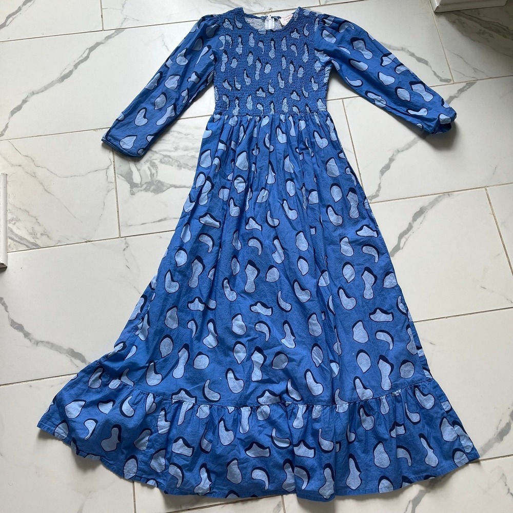 Hampton House long-sleeve smocked maxi dress Blue Print sz XS